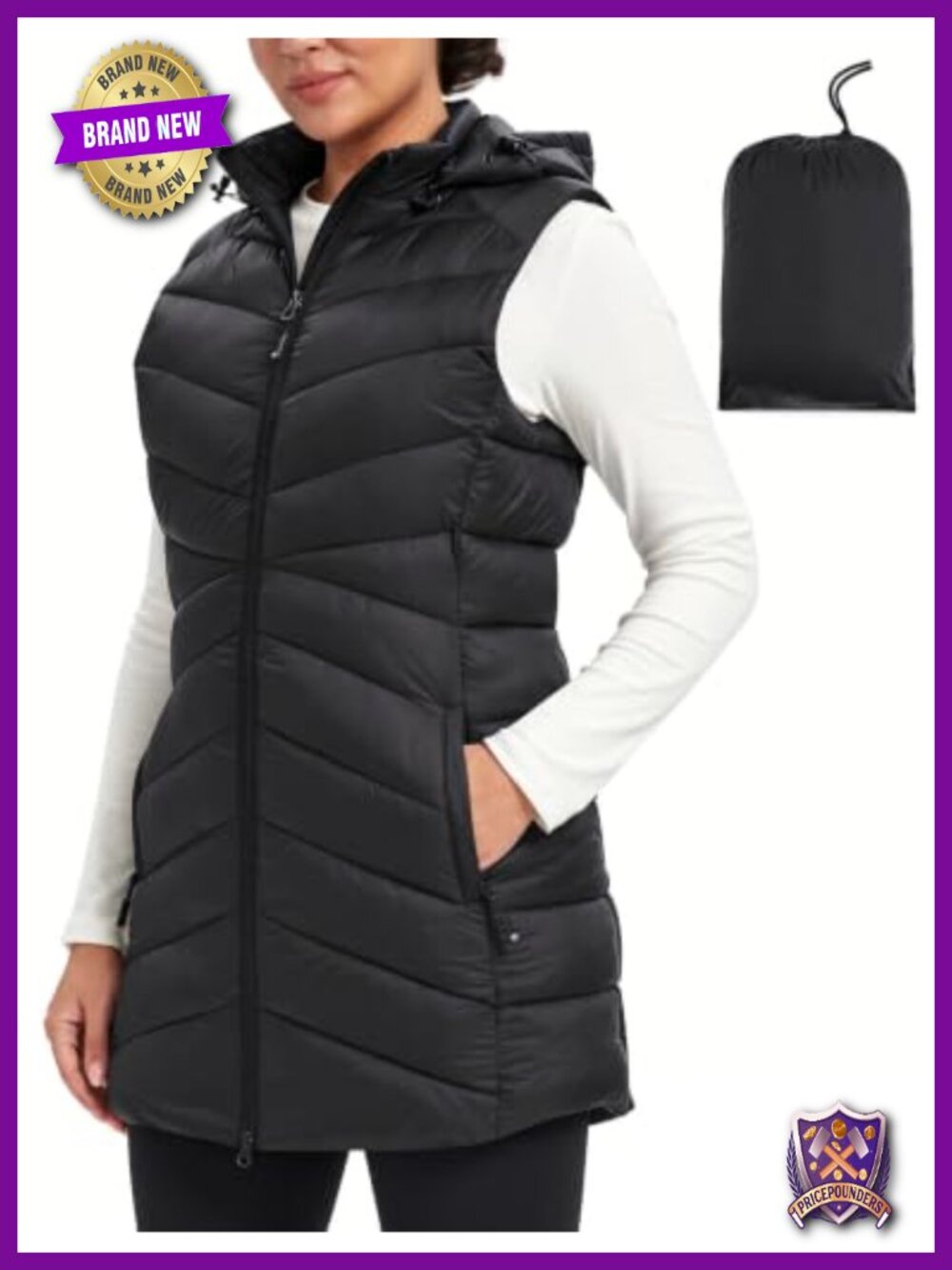 Long Puffer Vest Hooded Zip-Up Water Resistant Sleeveless Jacket